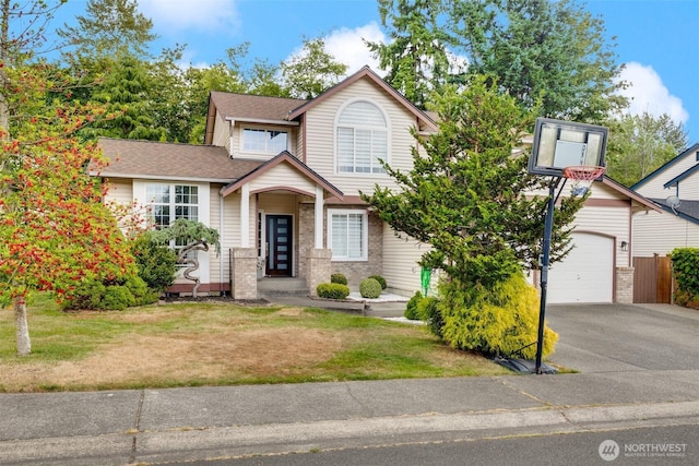 36318 30th Ave S, Federal Way, WA 98003 - view of front of home featuring driveway, a garage, a front lawn, roof with shingles, and brick siding