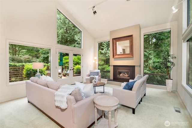 22526 53rd Ave SE, Bothell, WA 98021 - carpeted living room featuring french doors, high vaulted ceiling, a fireplace, and rail lighting