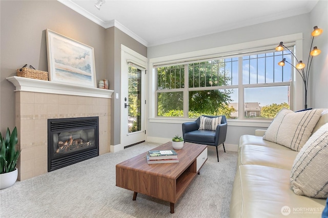 1000 High St Unit 102, Bellingham, WA 98225 - carpeted living area with a tiled fireplace and crown molding