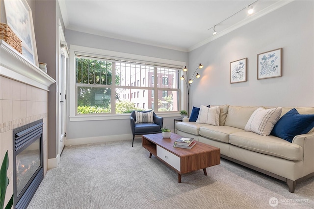 1000 High St Unit 102, Bellingham, WA 98225 - carpeted living room with track lighting, a glass covered fireplace, and ornamental molding