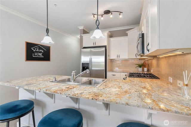 1000 High St Unit 102, Bellingham, WA 98225 - kitchen featuring stainless steel appliances, backsplash, a peninsula, white cabinets, and crown molding