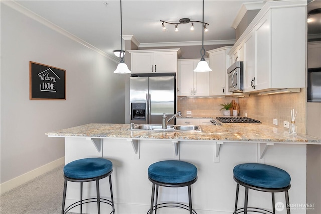 1000 High St Unit 102, Bellingham, WA 98225 - kitchen featuring appliances with stainless steel finishes, crown molding, a peninsula, light stone counters, and white cabinets