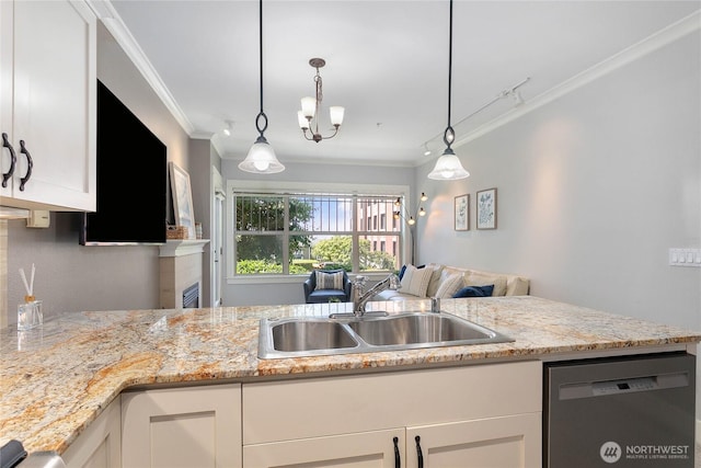 1000 High St Unit 102, Bellingham, WA 98225 - kitchen with stainless steel dishwasher, crown molding, white cabinets, light stone countertops, and pendant lighting