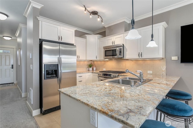 1000 High St Unit 102, Bellingham, WA 98225 - kitchen with stainless steel appliances, a peninsula, white cabinets, light stone countertops, and ornamental molding