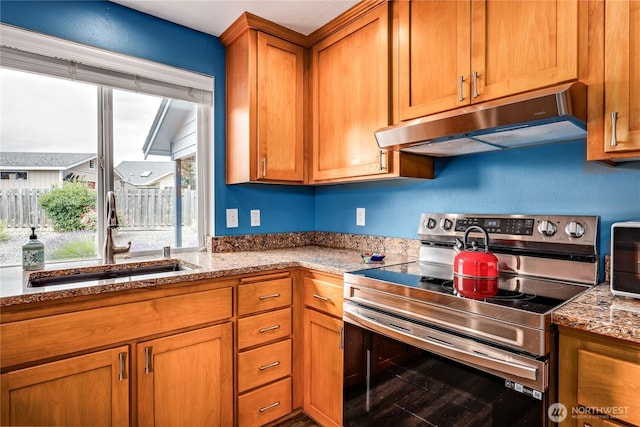 541 Salal Pl, Sequim, WA 98382 - kitchen with under cabinet range hood, electric range, brown cabinets, and stone countertops