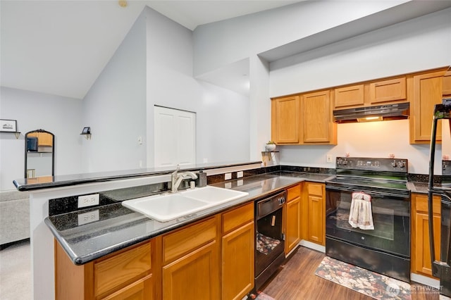 5809 Highway Pl Unit B304, Everett, WA 98203 - kitchen featuring black appliances, under cabinet range hood, a peninsula, lofted ceiling, and wood finished floors