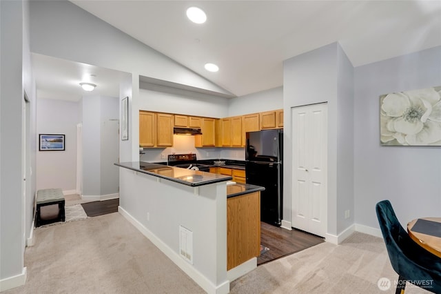 5809 Highway Pl Unit B304, Everett, WA 98203 - kitchen with black appliances, dark countertops, carpet, a peninsula, and under cabinet range hood