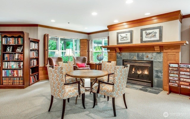 1750 152nd Ave NE Unit C310, Bellevue, WA 98007 - dining area with carpet, crown molding, a fireplace, and recessed lighting