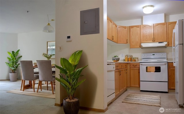 1750 152nd Ave NE Unit C310, Bellevue, WA 98007 - kitchen with white appliances, electric panel, under cabinet range hood, light countertops, and light colored carpet