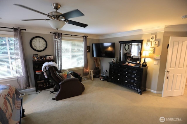 4442 Prestwick Ln SE, Lacey, WA 98513 - carpeted bedroom featuring crown molding, multiple windows, and a ceiling fan