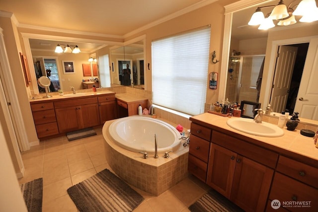 4442 Prestwick Ln SE, Lacey, WA 98513 - full bathroom featuring a chandelier, tile patterned floors, a shower stall, a bath, and two vanities