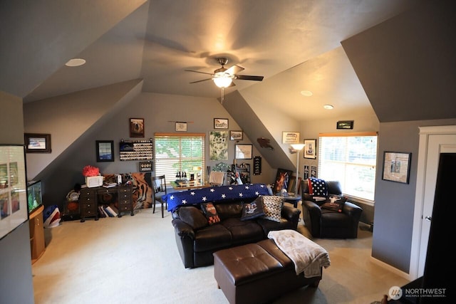 4442 Prestwick Ln SE, Lacey, WA 98513 - carpeted living area featuring ceiling fan, healthy amount of natural light, and lofted ceiling