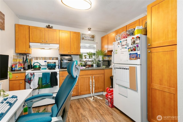 617-619 140th St S, Tacoma, WA 98444 - kitchen featuring white appliances, under cabinet range hood, light wood-type flooring, and brown cabinetry