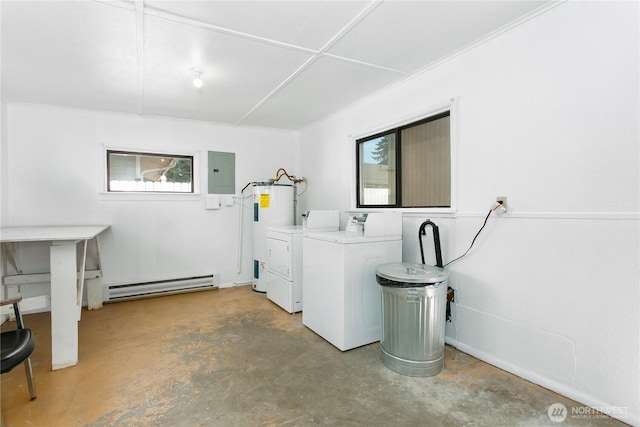 617-619 140th St S, Tacoma, WA 98444 - laundry room with a baseboard heating unit, washing machine and clothes dryer, electric panel, and electric water heater