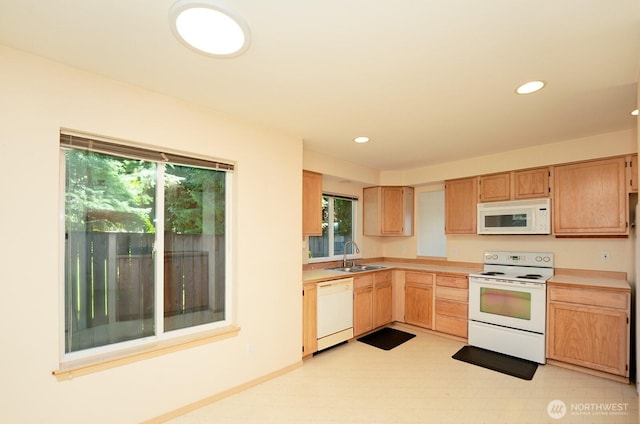 527 Cypress Ave, Snohomish, WA 98290 - kitchen with white appliances, light countertops, healthy amount of natural light, light brown cabinets, and recessed lighting