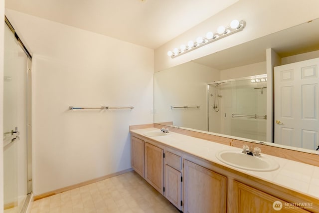 527 Cypress Ave, Snohomish, WA 98290 - bathroom with a shower stall, double vanity, and tile patterned floors