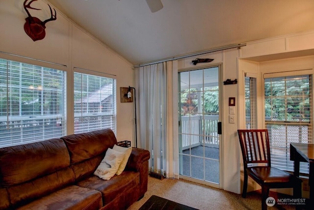 35 Branch Cir, Deming, WA 98244 - living area with lofted ceiling, carpet, and a ceiling fan