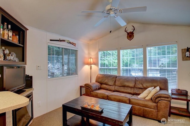 35 Branch Cir, Deming, WA 98244 - living area with light carpet, a ceiling fan, plenty of natural light, and vaulted ceiling