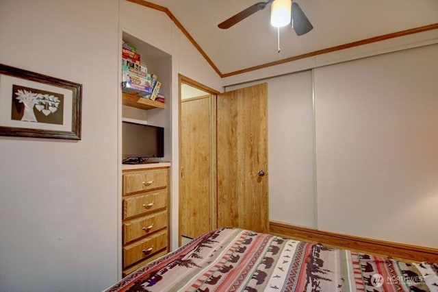 35 Branch Cir, Deming, WA 98244 - bedroom featuring crown molding, a closet, ceiling fan, and lofted ceiling