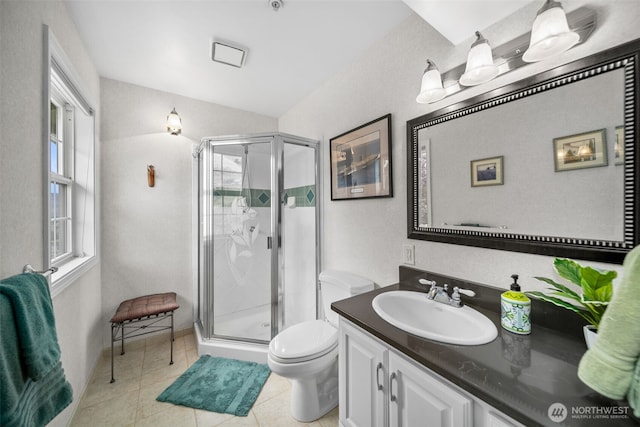 591 Daniels Dr NE, East Wenatchee, WA 98802 - full bathroom with vanity, a stall shower, and tile patterned flooring