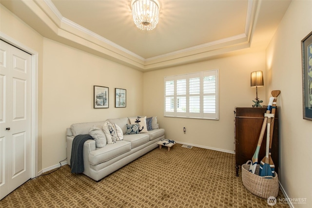 120 Cascadia Loop, Sequim, WA 98382 - living area with a raised ceiling, ornamental molding, and carpet floors