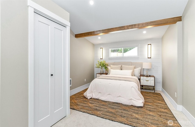 1816 N 155th St, Shoreline, WA 98115 - carpeted bedroom with beamed ceiling, recessed lighting, and a closet