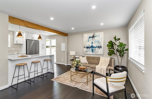 1816 N 155th St, Shoreline, WA 98115 - living room with dark wood-style flooring, recessed lighting, and beamed ceiling