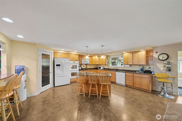 4610 N Defiance St, Tacoma, WA 98407 - kitchen featuring white appliances, dark countertops, recessed lighting, a kitchen island, and open shelves