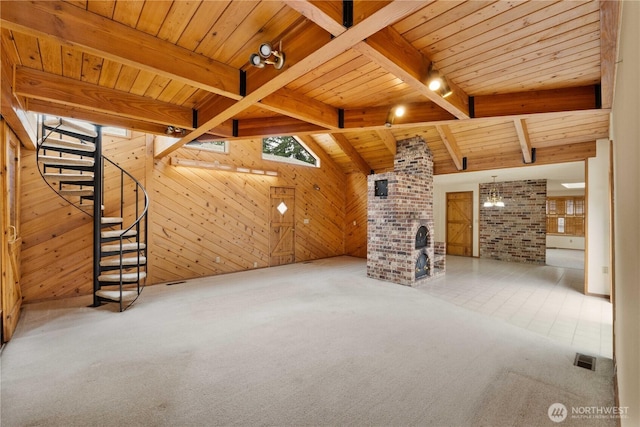 31312 179th Pl SE, Auburn, WA 98092 - unfurnished living room with wood ceiling, stairway, carpet floors, and wood walls