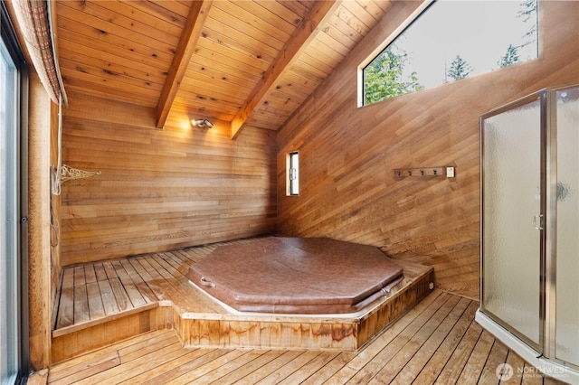 31312 179th Pl SE, Auburn, WA 98092 - relaxing sauna / steam room with wooden walls, wooden ceiling, hardwood / wood-style floors, and healthy amount of natural light