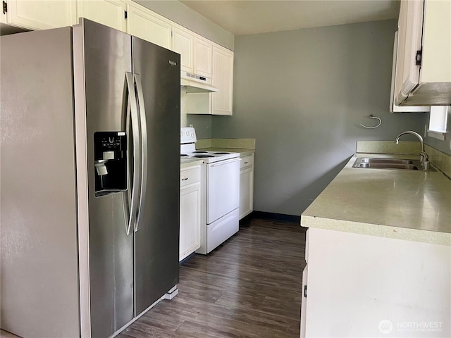 4301 NE 137th Ave, Vancouver, WA 98682 - kitchen with stainless steel fridge with ice dispenser, white electric range oven, under cabinet range hood, light countertops, and dark wood-style floors