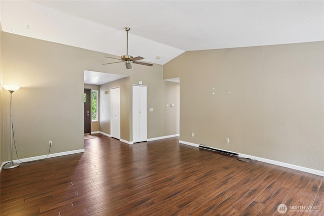 13940 113th Ave NE, Kirkland, WA 98034 - unfurnished living room featuring a ceiling fan, lofted ceiling, and dark wood-type flooring
