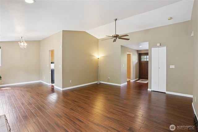 13940 113th Ave NE, Kirkland, WA 98034 - unfurnished living room featuring ceiling fan, a chandelier, wood finished floors, recessed lighting, and vaulted ceiling