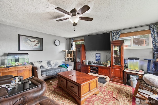 304 Harris St, Kelso, WA 98626 - living room with a textured ceiling and ceiling fan