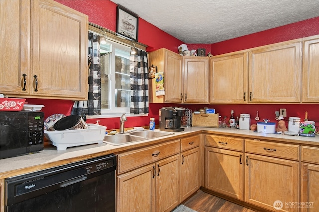 304 Harris St, Kelso, WA 98626 - kitchen featuring black appliances, light countertops, a textured ceiling, and dark wood-type flooring