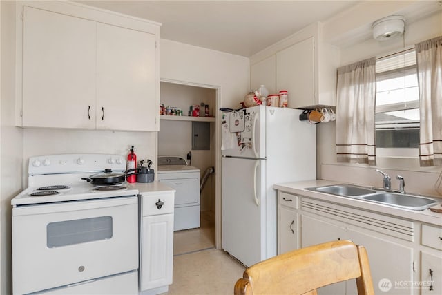 11341136 16th Ave, Longview, WA 98632 - kitchen with white appliances, washer / dryer, light countertops, electric panel, and white cabinets