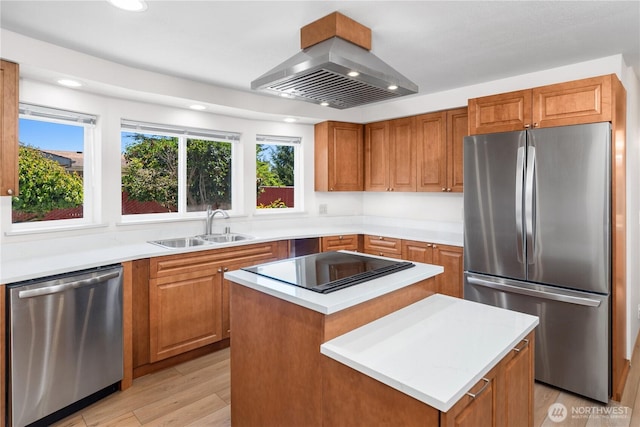 2289 Towne Point Ave, Port Townsend, WA 98368 - kitchen featuring stainless steel appliances, island range hood, a kitchen island, healthy amount of natural light, and recessed lighting