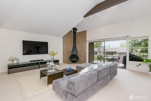 6367 Sand Point Way NE, Seattle, WA 98115 - carpeted living area with a wood stove, beam ceiling, and high vaulted ceiling