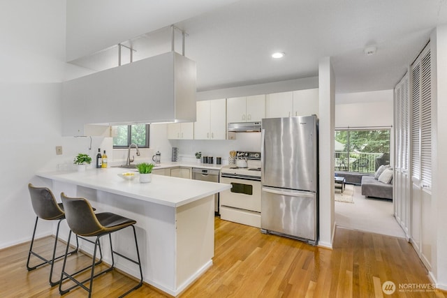 6367 Sand Point Way NE, Seattle, WA 98115 - kitchen with stainless steel appliances, under cabinet range hood, a peninsula, a breakfast bar, and light wood-style floors