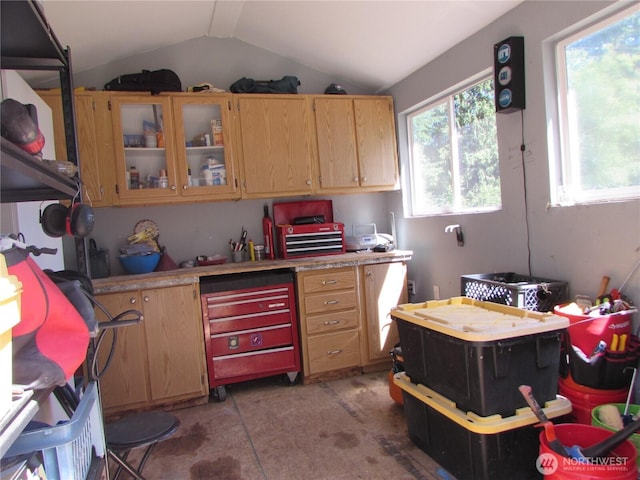 4917 107th Ave SE, Snohomish, WA 98290 - kitchen featuring lofted ceiling, light countertops, light brown cabinetry, and glass insert cabinets