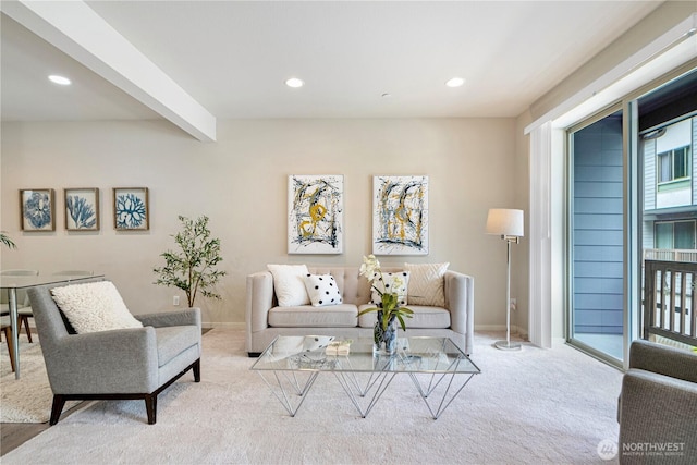 6855 NE 170th St Unit 102, Kenmore, WA 98028 - living area with carpet flooring, recessed lighting, and beamed ceiling