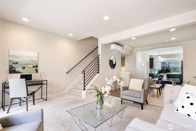 6855 NE 170th St Unit 102, Kenmore, WA 98028 - carpeted living area featuring a wall mounted air conditioner, recessed lighting, stairway, and a chandelier