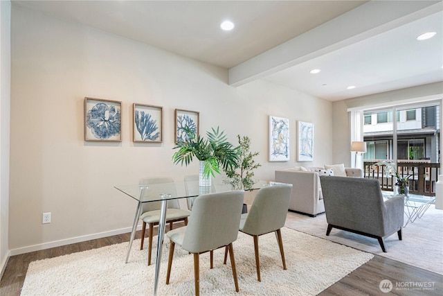 6855 NE 170th St Unit 102, Kenmore, WA 98028 - dining area featuring wood finished floors, beam ceiling, and recessed lighting