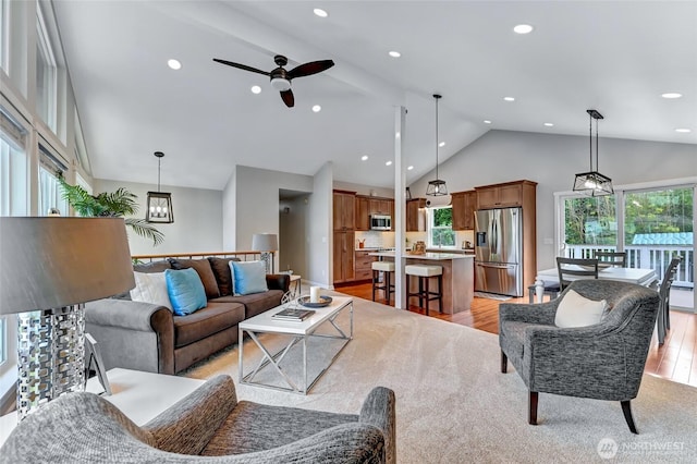 13506 89th Pl NE, Kirkland, WA 98034 - living area featuring high vaulted ceiling, a ceiling fan, light wood-style flooring, and recessed lighting