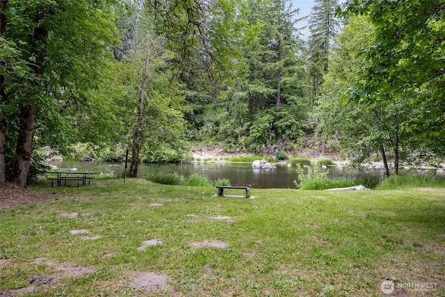 17112 Kinnikinnick Ct SE, Yelm, WA 98597 - view of grassy yard featuring a water view and a forest view