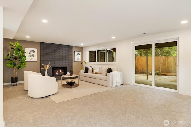 21 165th Ave SE, Bellevue, WA 98008 - carpeted living area featuring recessed lighting and a brick fireplace