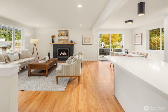 8004 203rd Pl SW, Edmonds, WA 98026 - living area featuring healthy amount of natural light, light wood-style floors, a tiled fireplace, and recessed lighting