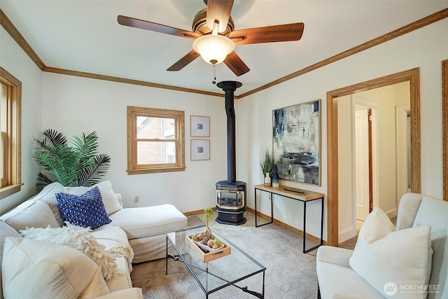 2663 37th Ave SW, Seattle, WA 98126 - living area with a wood stove, ceiling fan, and ornamental molding