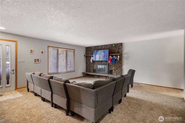 9724 N Wall St, Spokane, WA 99218 - living room with light carpet, a textured ceiling, and a fireplace
