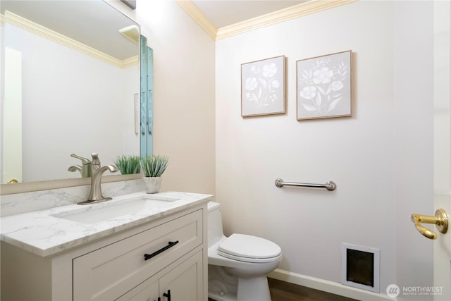 5265 140th Ave NE, Bellevue, WA 98005 - half bathroom featuring vanity, crown molding, and wood finished floors